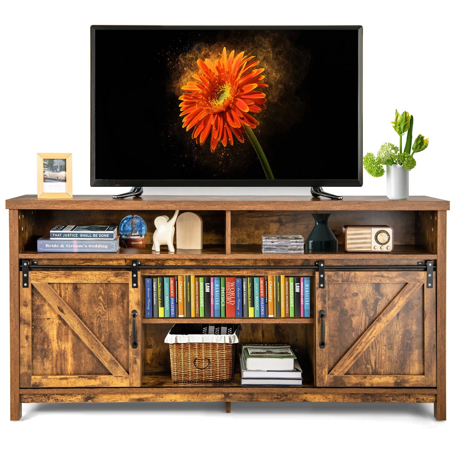 Sliding Barn Door Farmhouse Flat Screen Console for 65 Inch TVs-Rustic Brown