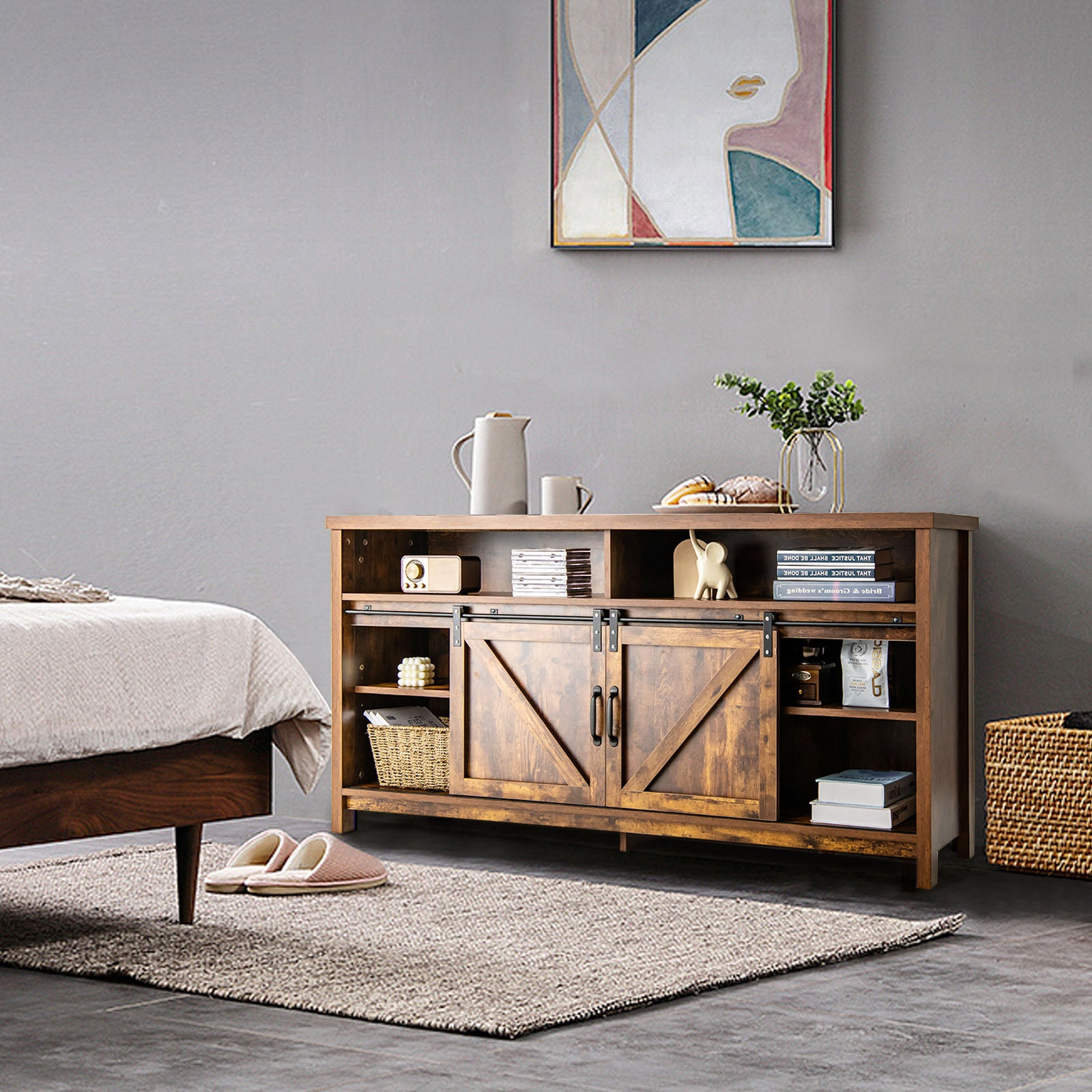 Sliding Barn Door Farmhouse Flat Screen Console for 65 Inch TVs-Rustic Brown