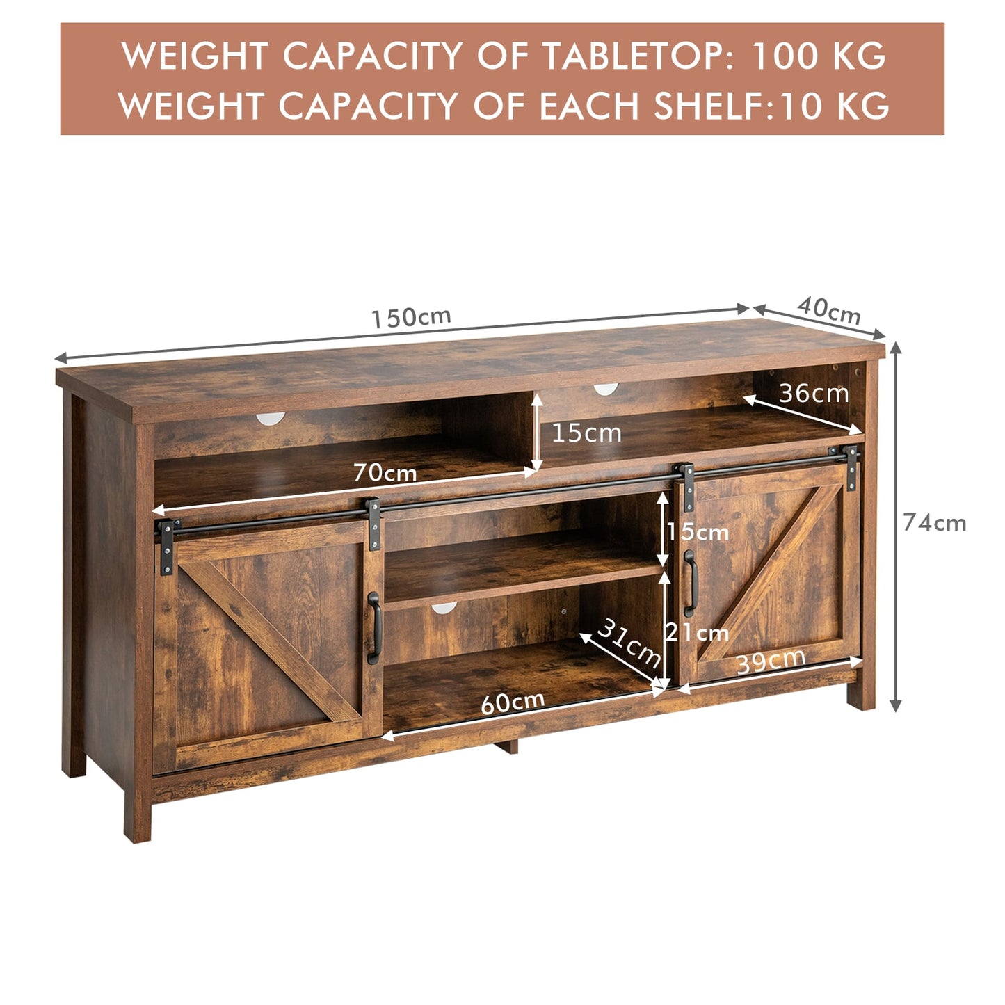 Sliding Barn Door Farmhouse Flat Screen Console for 65 Inch TVs-Rustic Brown