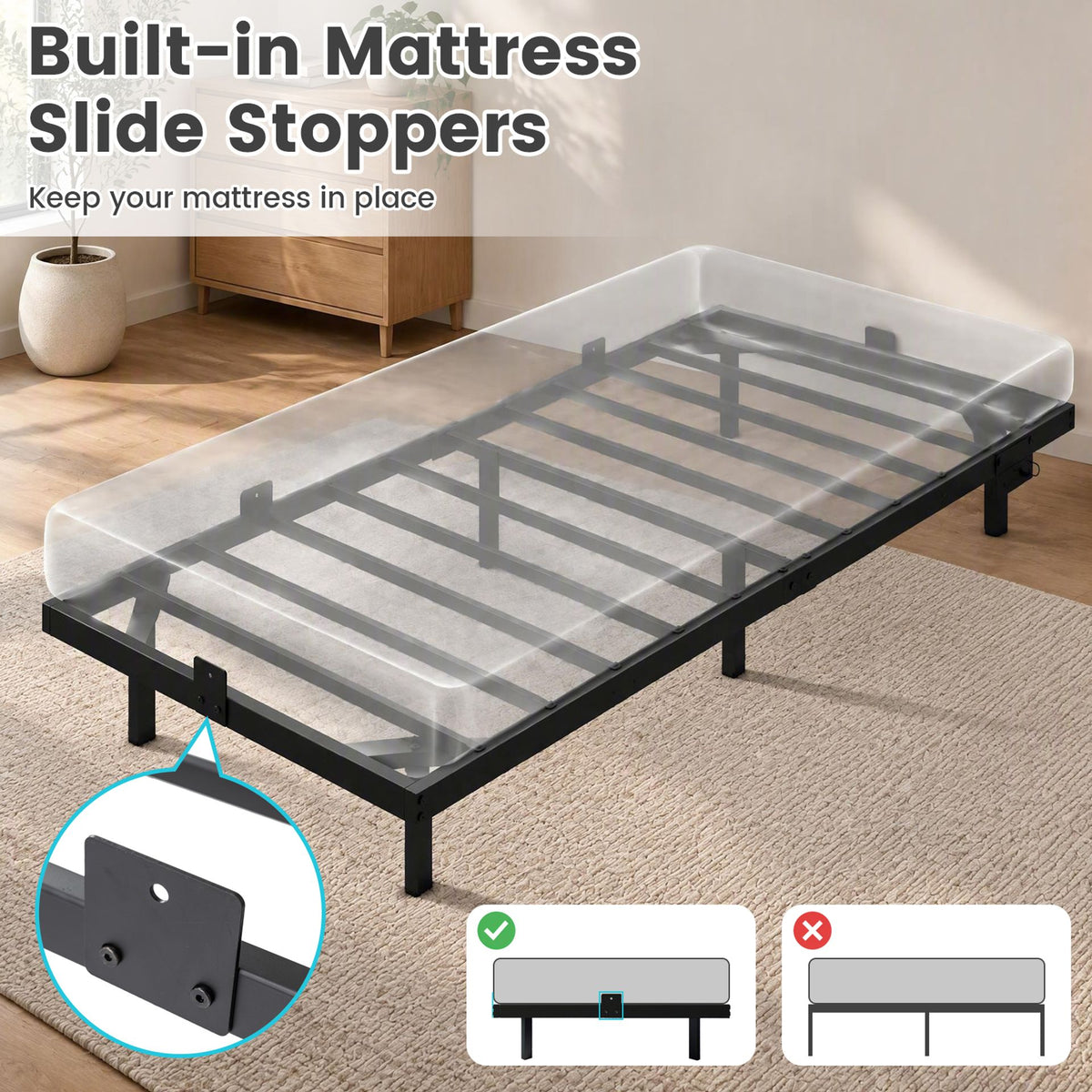 Floating Bed Frame with LED Lights and Charging Station Mattress Slide Stopper-Black