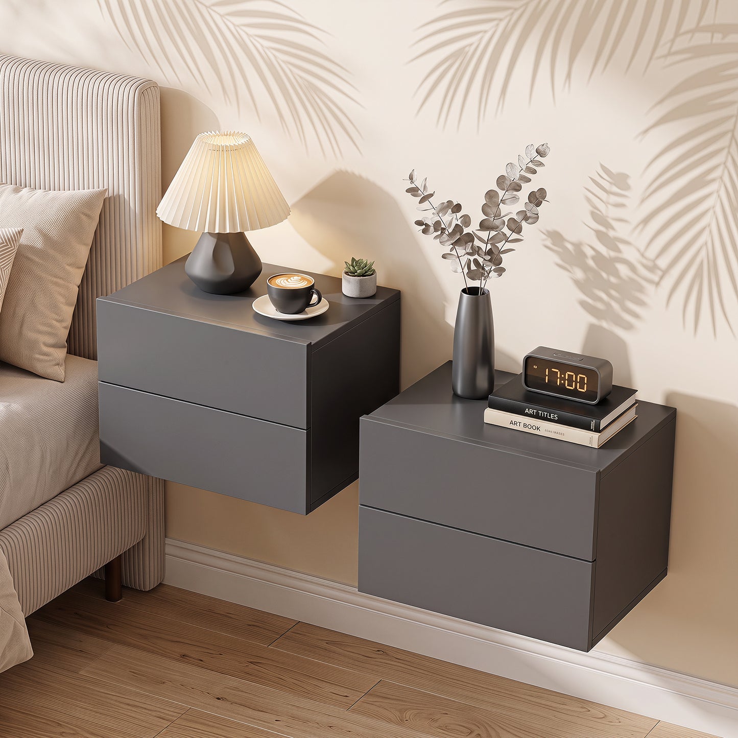 Floating Nightstand Set of 2 with Storage Drawers for Small Space-Grey