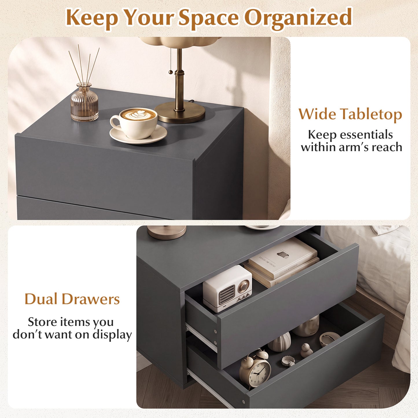 Floating Nightstand Set of 2 with Storage Drawers for Small Space-Grey