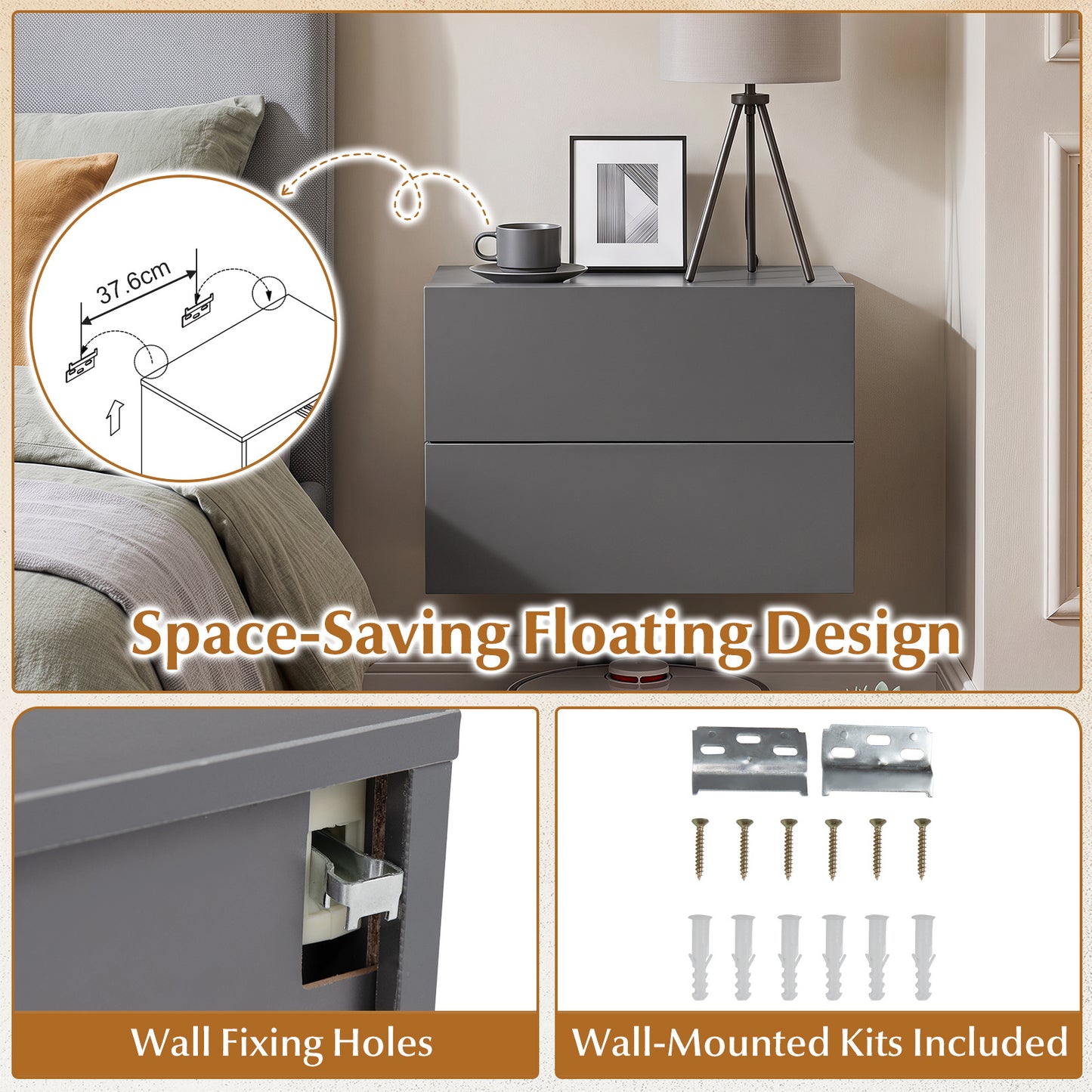 Floating Nightstand Set of 2 with Storage Drawers for Small Space-Grey
