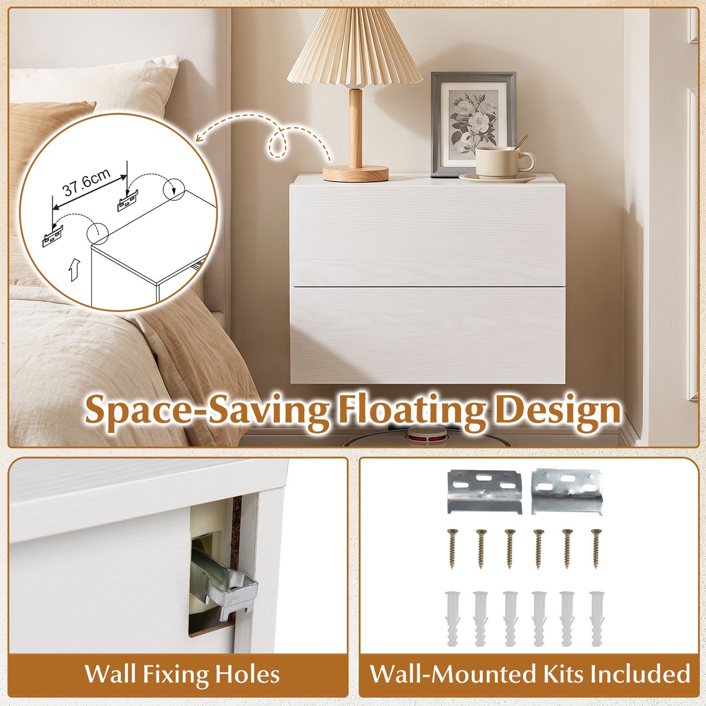 Floating Nightstand Set of 2 with Storage Drawers for Small Space-White