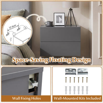Floating Nightstand with Storage Drawers Wall Mounted for Living Room Bedroom-Gtey