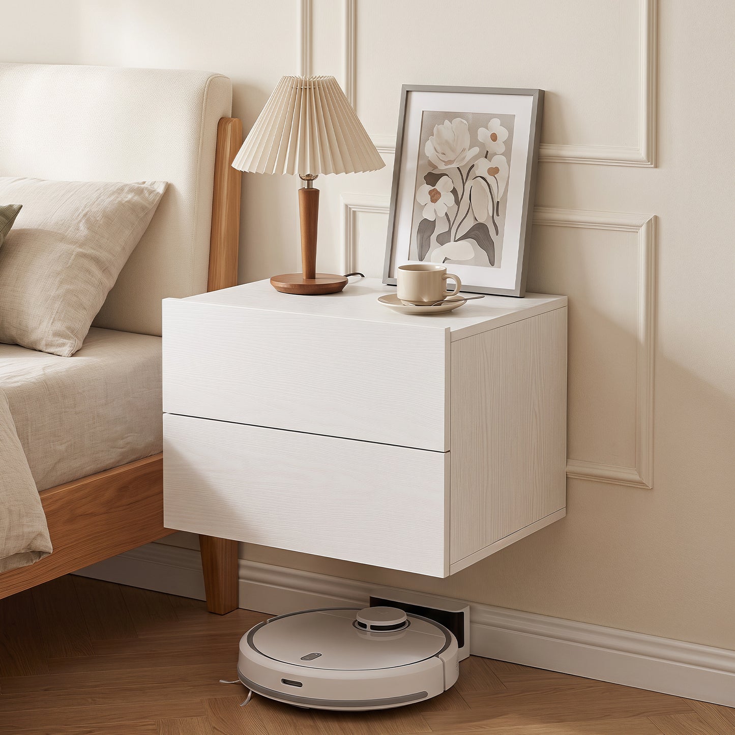 Floating Nightstand with Storage Drawers Wall Mounted for Living Room Bedroom-White