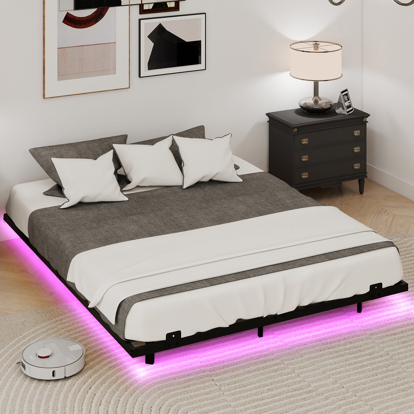 Double/King Size Floating Bed Frame Modern Metal Platform Bed with LED Lights-king size
