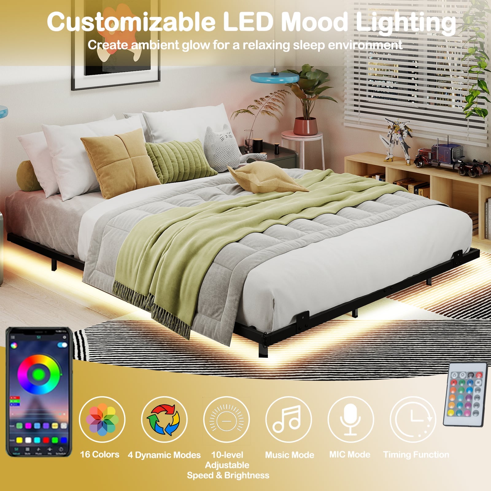 Double/King Size Floating Bed Frame Modern Metal Platform Bed with LED Lights-king size