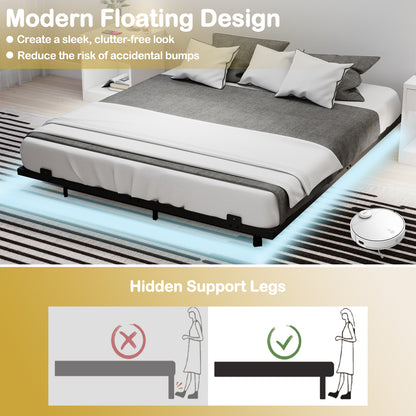 Double/King Size Floating Bed Frame Modern Metal Platform Bed with LED Lights-king size