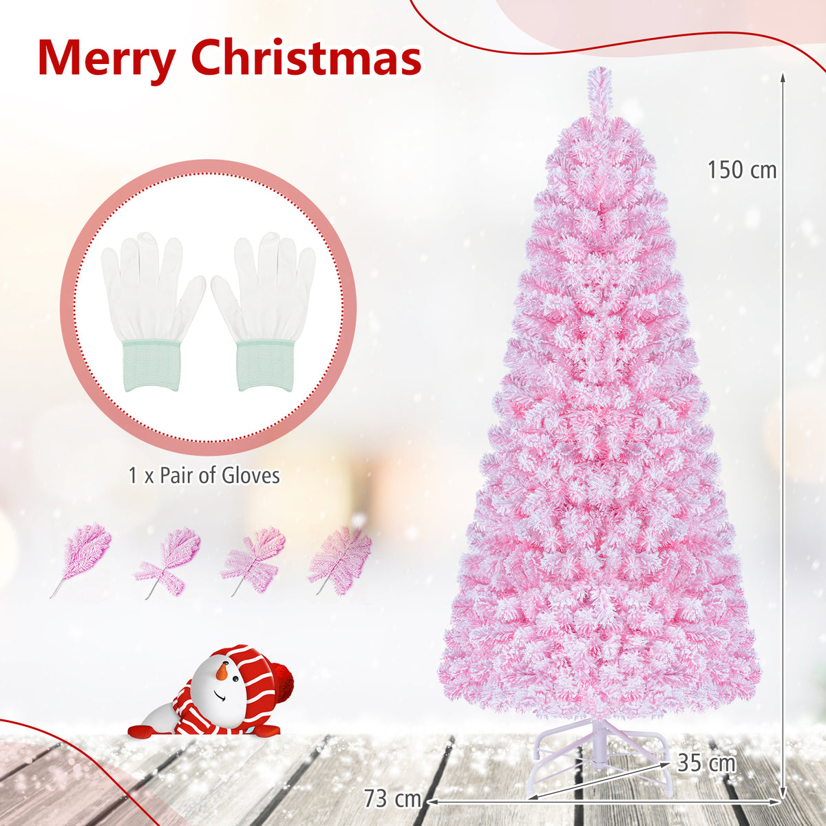 Flocked Pencil Christmas Tree with Full Branch Tips and Folding Metal Stand for Holiday Decor-150cm