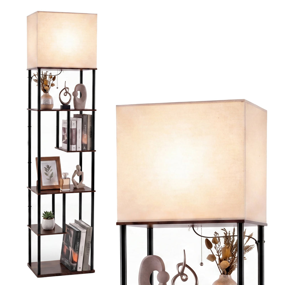 Floor Lamp with Shelves 5-Tier Industrial Shelf Lamp with Linen Fabric Shade