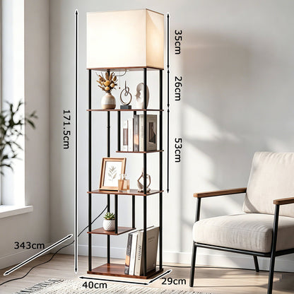 Floor Lamp with Shelves 5-Tier Industrial Shelf Lamp with Linen Fabric Shade