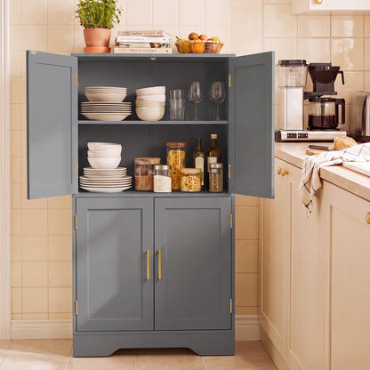 Floor Storage Cabinet with 4 Doors and 2 Adjustable Shelves Anti-toppling Kits Included-Grey