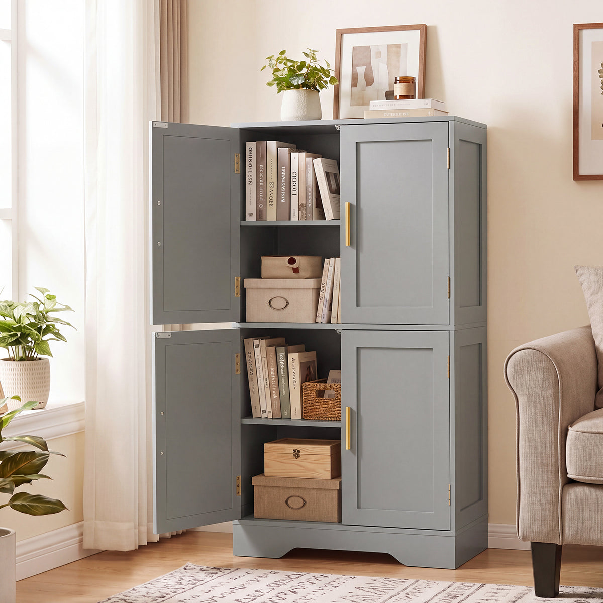 Floor Storage Cabinet with 4 Doors and 2 Adjustable Shelves Anti-toppling Kits Included-Grey