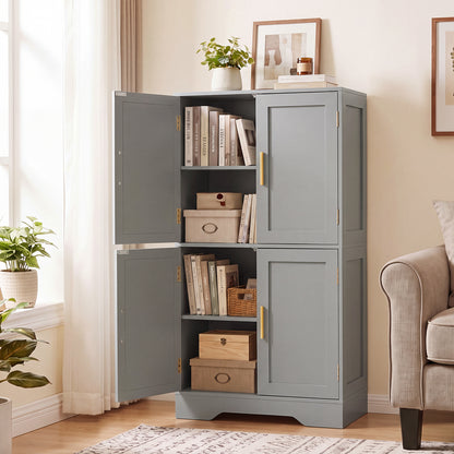 Floor Storage Cabinet with 4 Doors and 2 Adjustable Shelves Anti-toppling Kits Included-Grey