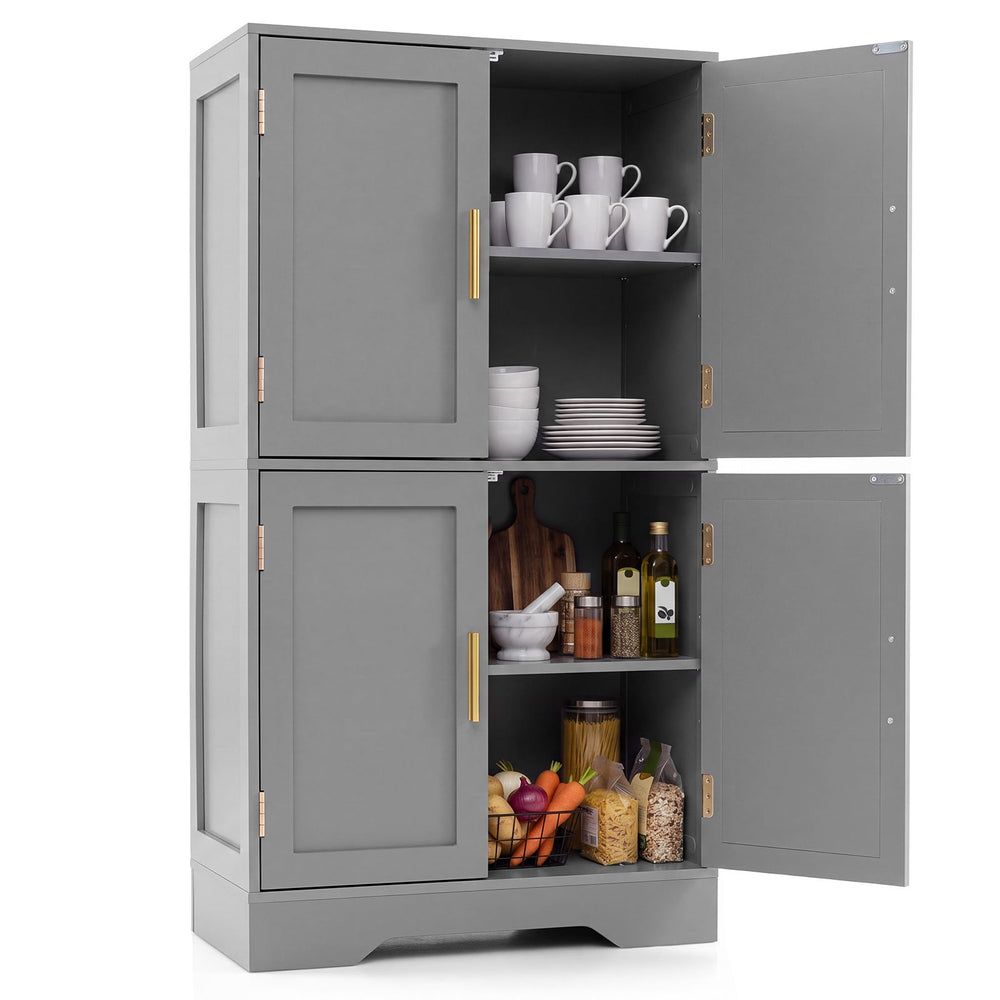 Floor Storage Cabinet with 4 Doors and 2 Adjustable Shelves Anti-toppling Kits Included-Grey