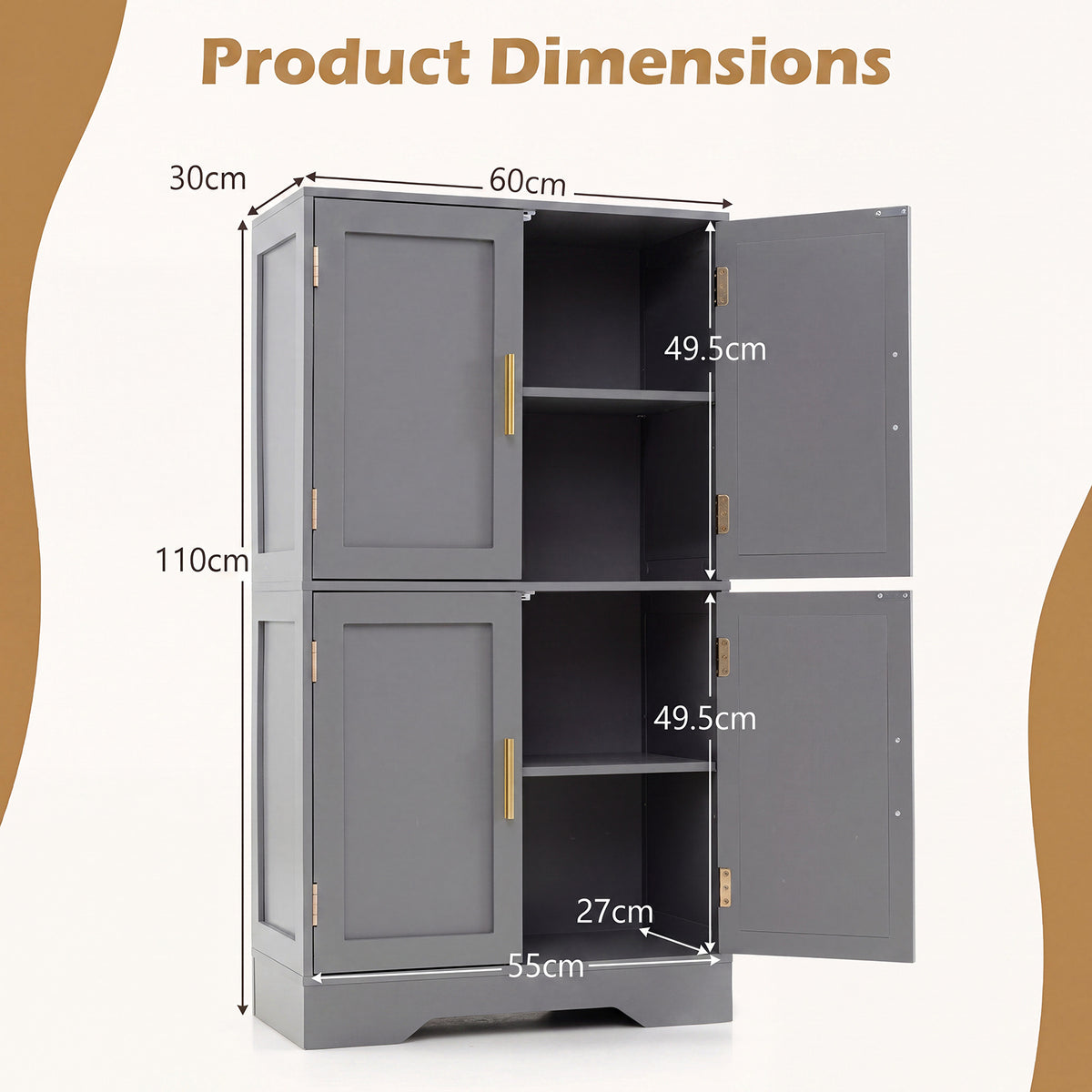 Floor Storage Cabinet with 4 Doors and 2 Adjustable Shelves Anti-toppling Kits Included-Grey