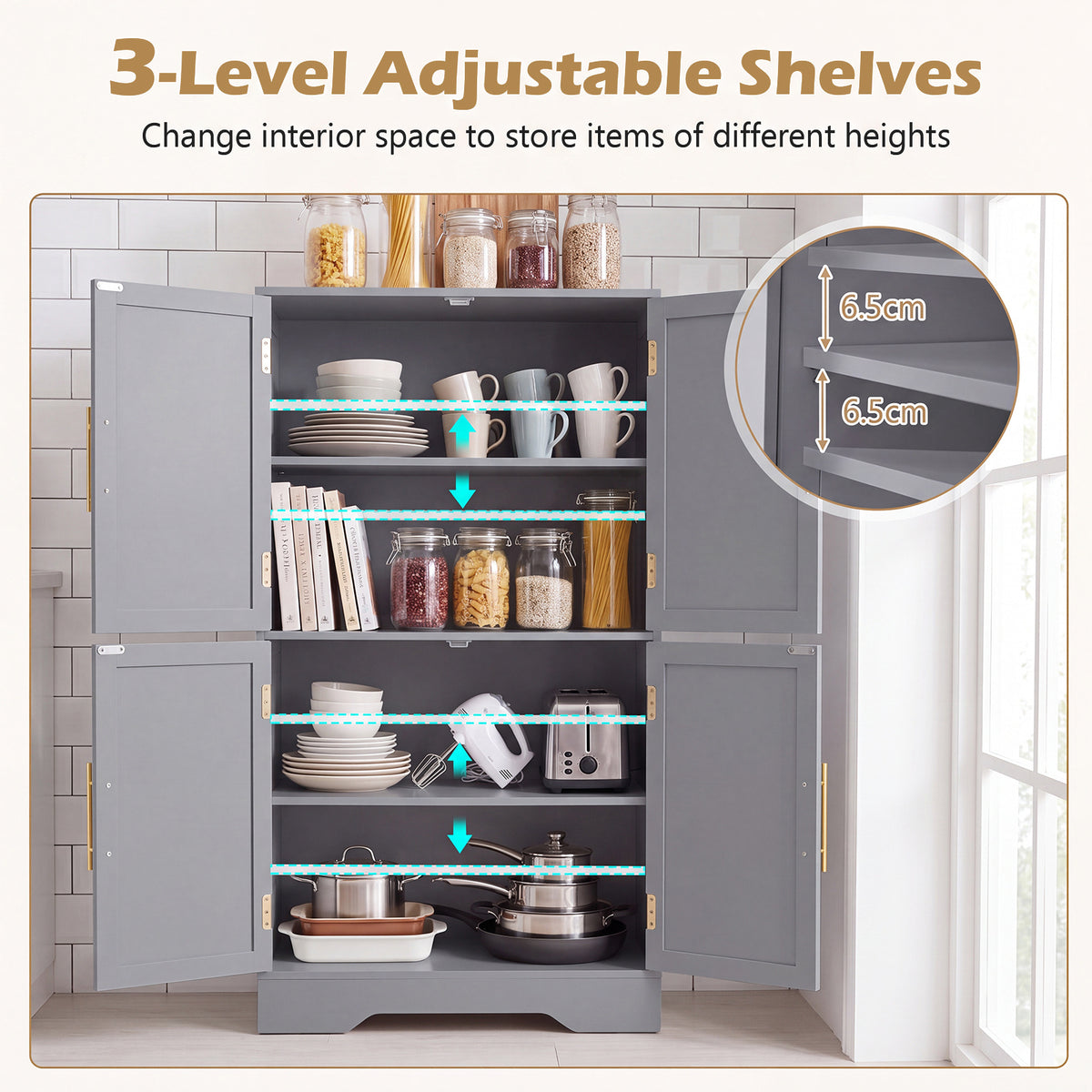 Floor Storage Cabinet with 4 Doors and 2 Adjustable Shelves Anti-toppling Kits Included-Grey