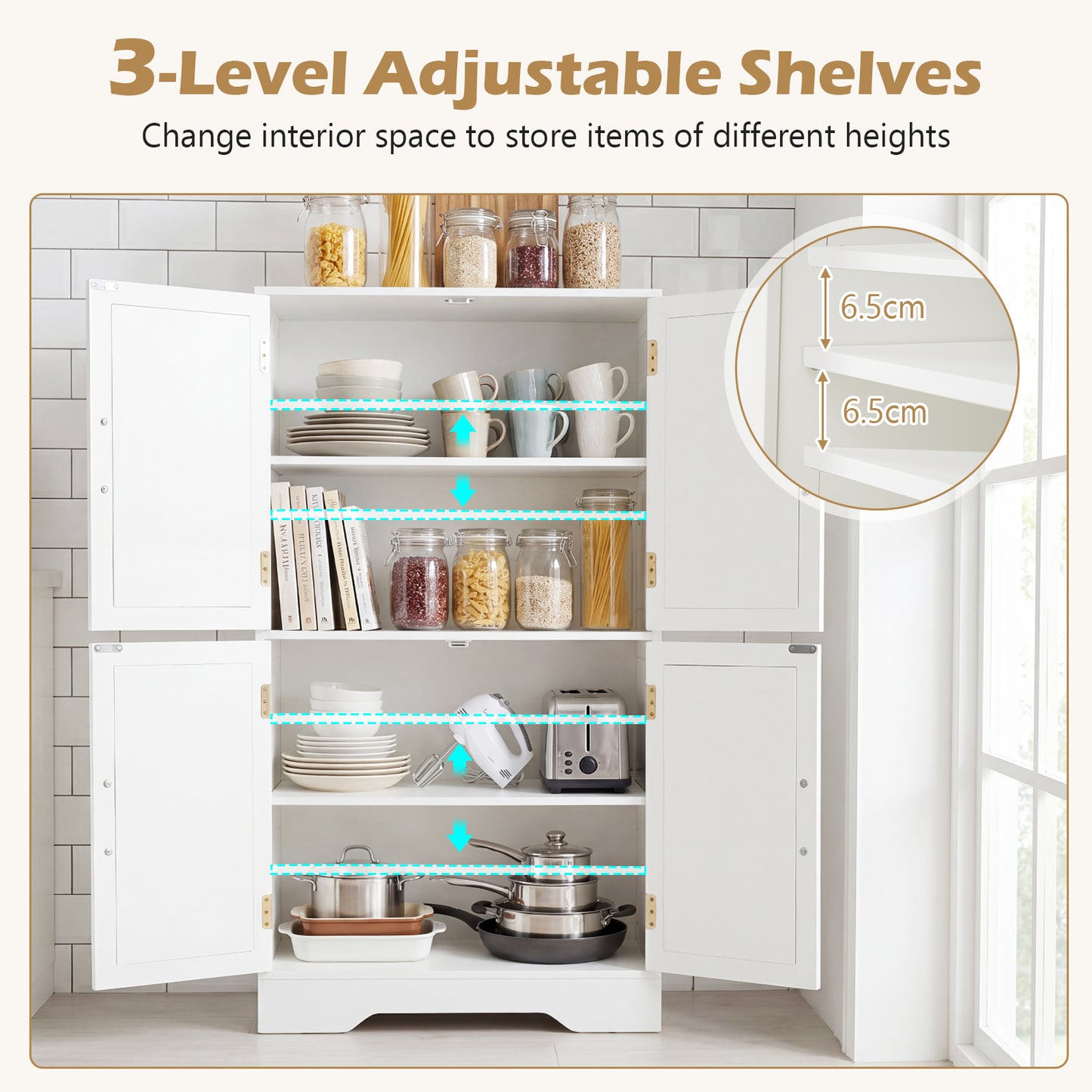 Floor Storage Cabinet with 4 Doors and 2 Adjustable Shelves Anti-toppling Kits Included-White