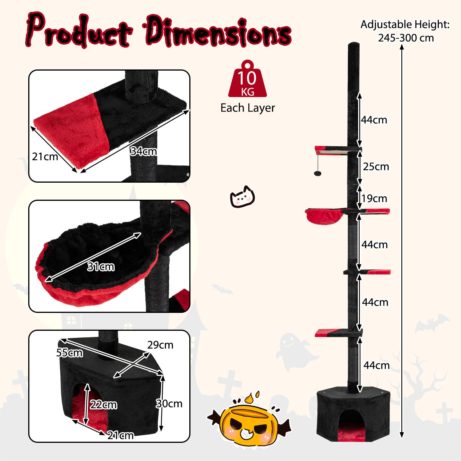 Floor to Ceiling Gothic Cat Tree 245-300 CM Adjustable-Black