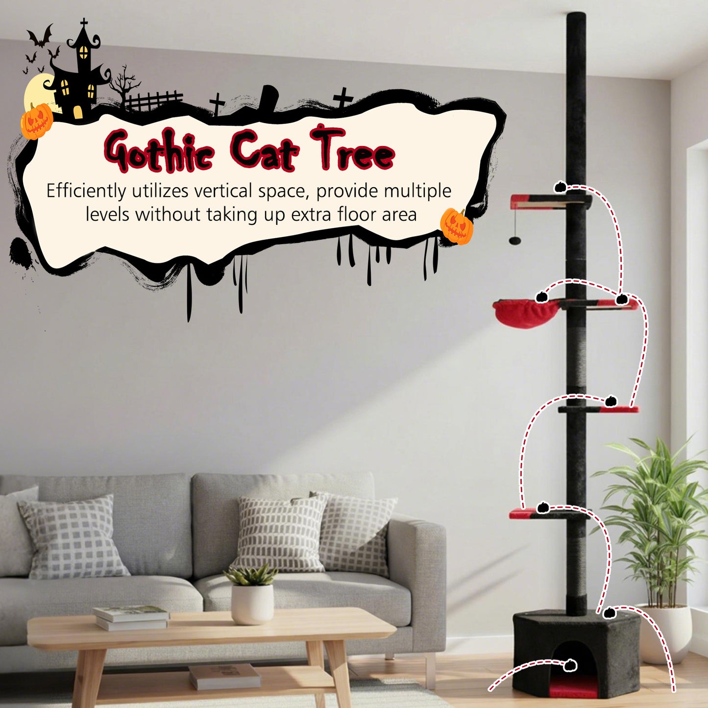 Floor to Ceiling Gothic Cat Tree 245-300 CM Adjustable-Black