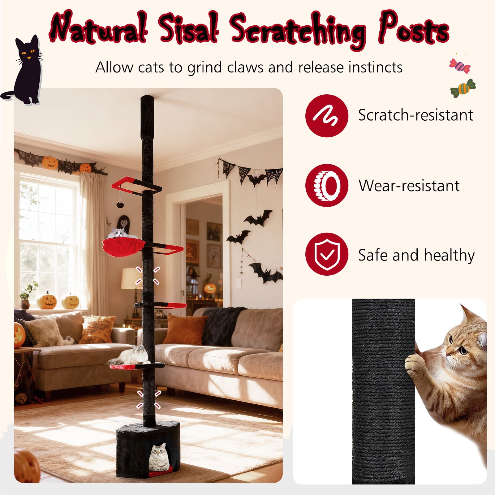 Floor to Ceiling Gothic Cat Tree 245-300 CM Adjustable-Black