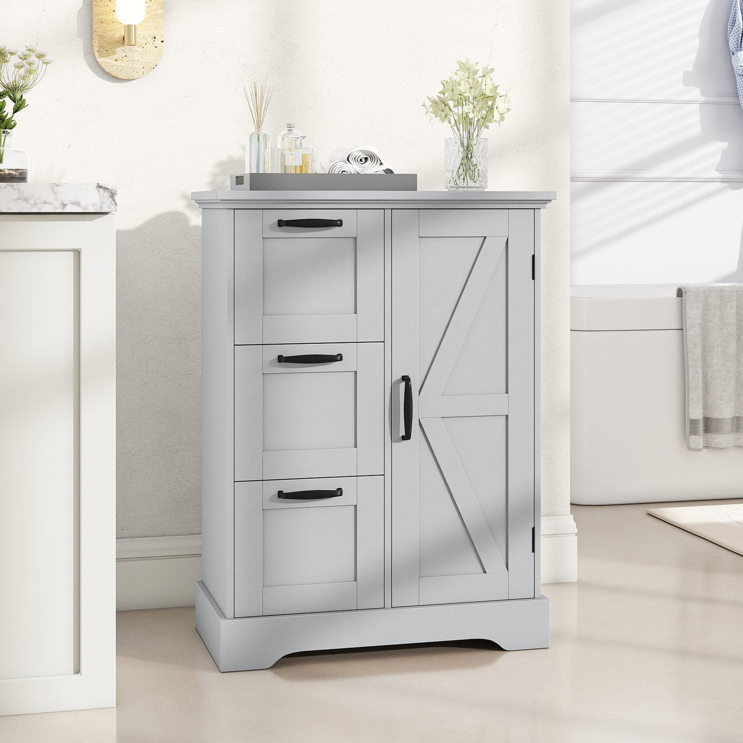Floor Cabinet with Barn Door and 3 Storage Drawers-Grey