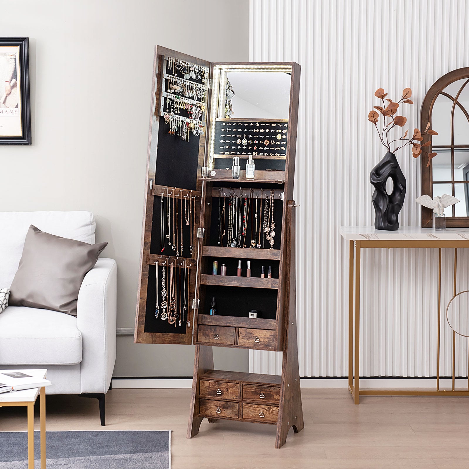 Floor Jewelry Armoire Organizer with Full-Length Mirror-Brown