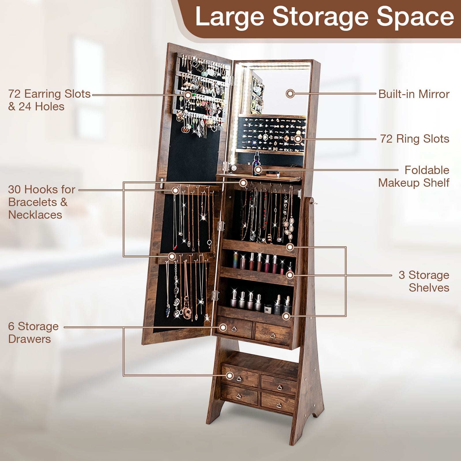 Floor Jewelry Armoire Organizer with Full-Length Mirror-Brown