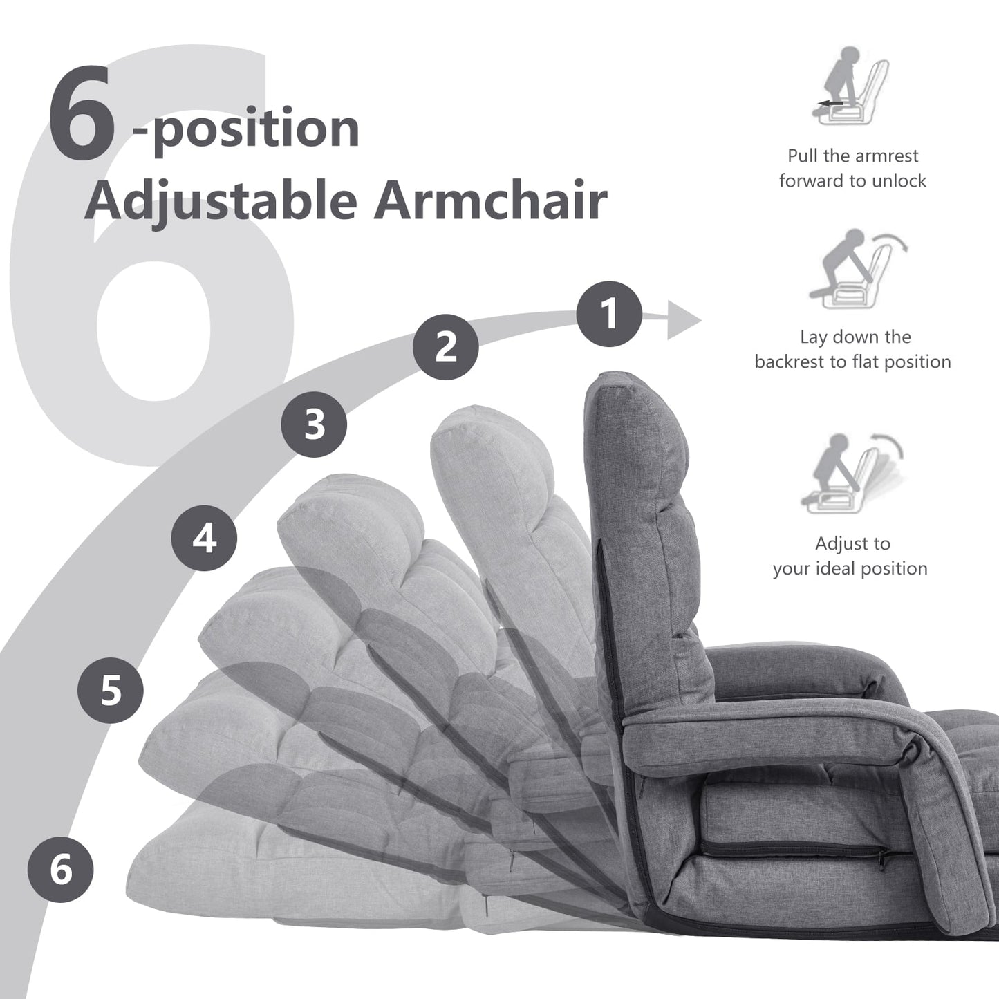 Adjustable Folding Floor Lazy Chair with Pillow-Grey