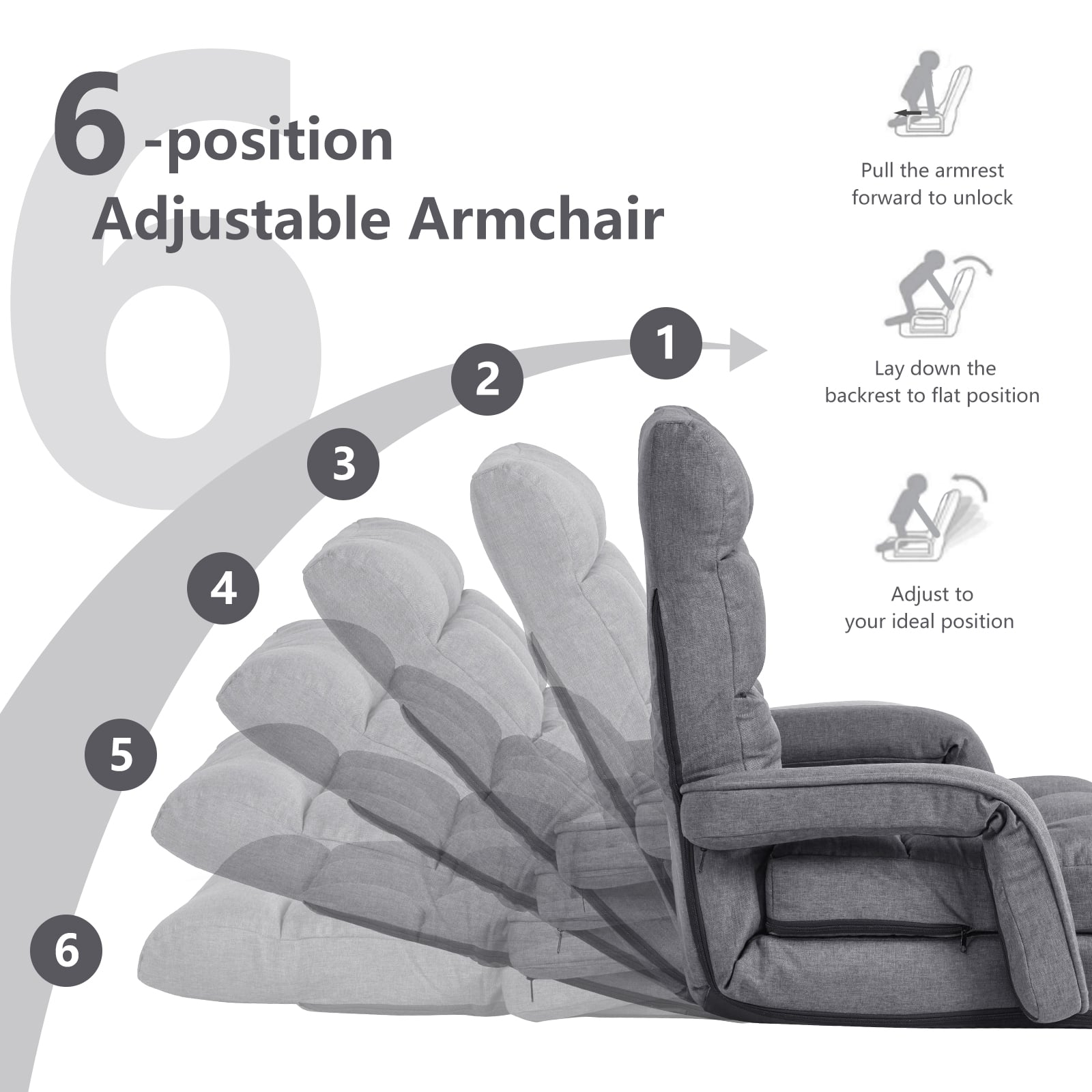 Adjustable Folding Floor Lazy Chair with Pillow-Grey