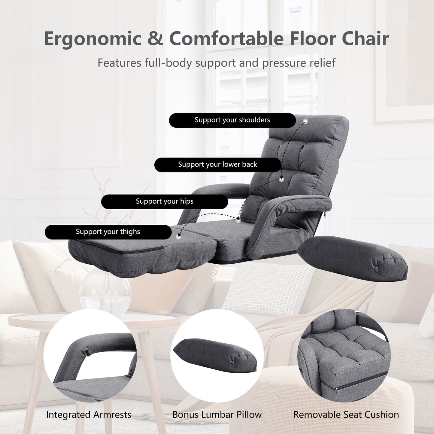 Adjustable Folding Floor Lazy Chair with Pillow-Grey