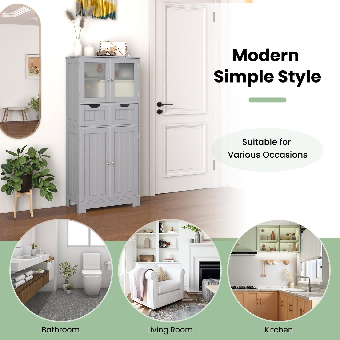 Floor Storage Cabinet with 2 Glass Doors, 2 Drawers and Adjustable Shelves-Grey