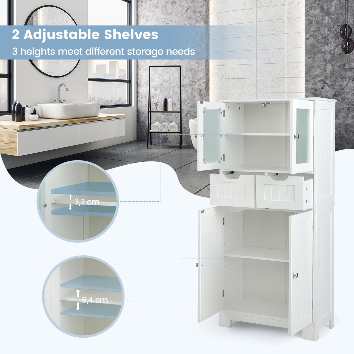 Floor Storage Cabinet with 2 Glass Doors, 2 Drawers and Adjustable Shelves-White