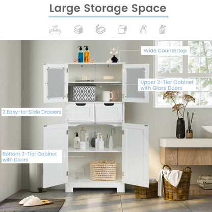 Floor Storage Cabinet with 2 Glass Doors, 2 Drawers and Adjustable Shelves-White