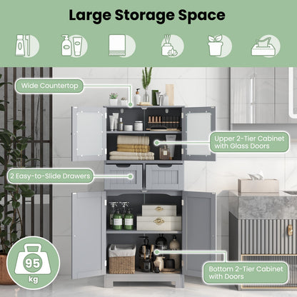 Floor Storage Cabinet with 2 Glass Doors, 2 Drawers and Adjustable Shelves-Grey