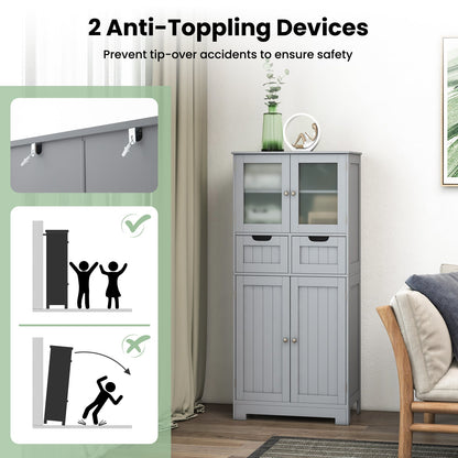 Floor Storage Cabinet with 2 Glass Doors, 2 Drawers and Adjustable Shelves-Grey
