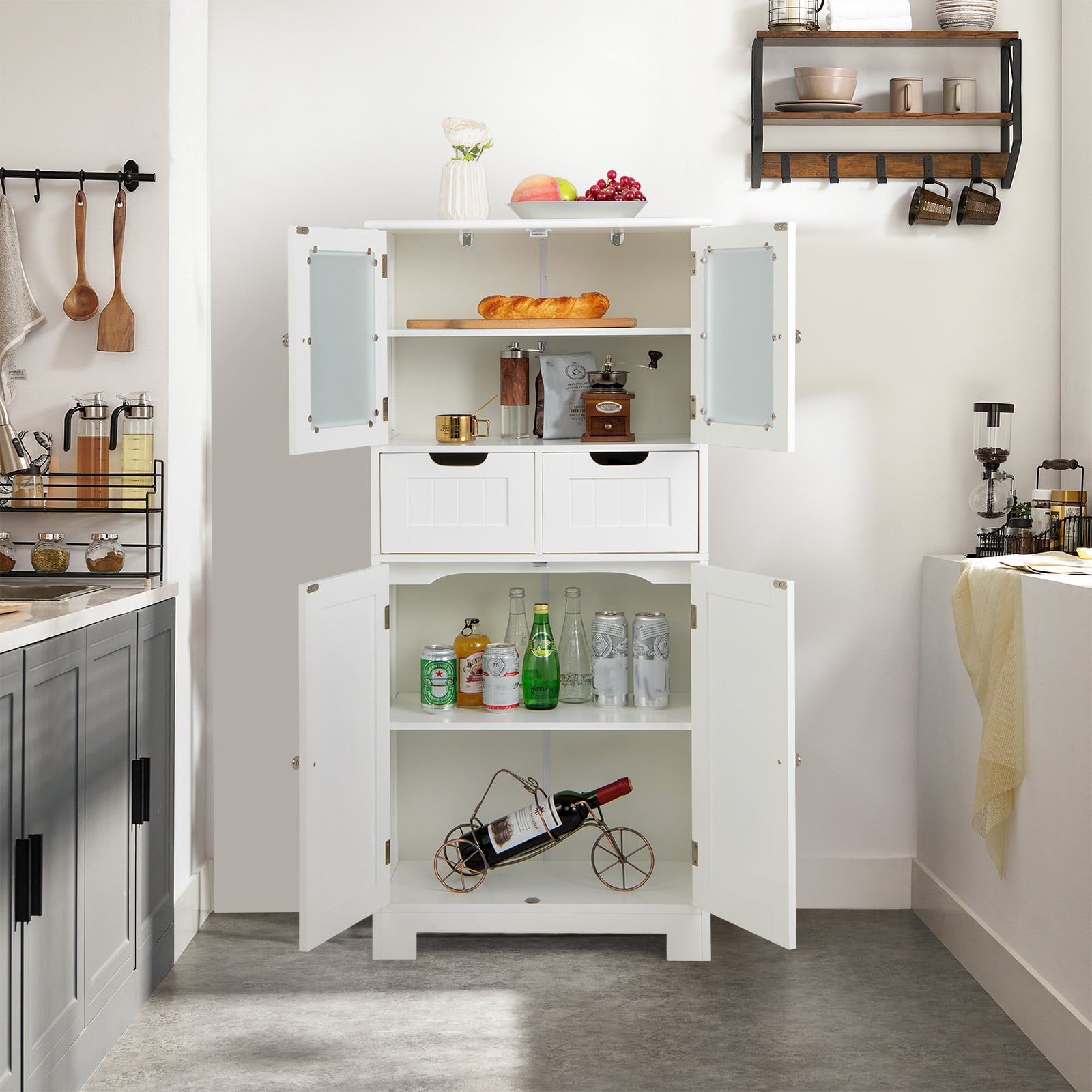 Floor Storage Cabinet with 2 Glass Doors, 2 Drawers and Adjustable Shelves-White