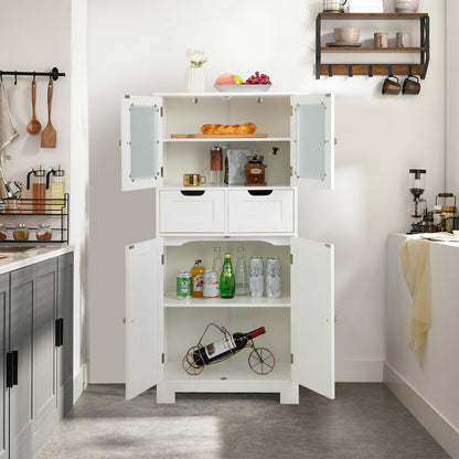 Floor Storage Cabinet with 2 Glass Doors, 2 Drawers and Adjustable Shelves-White