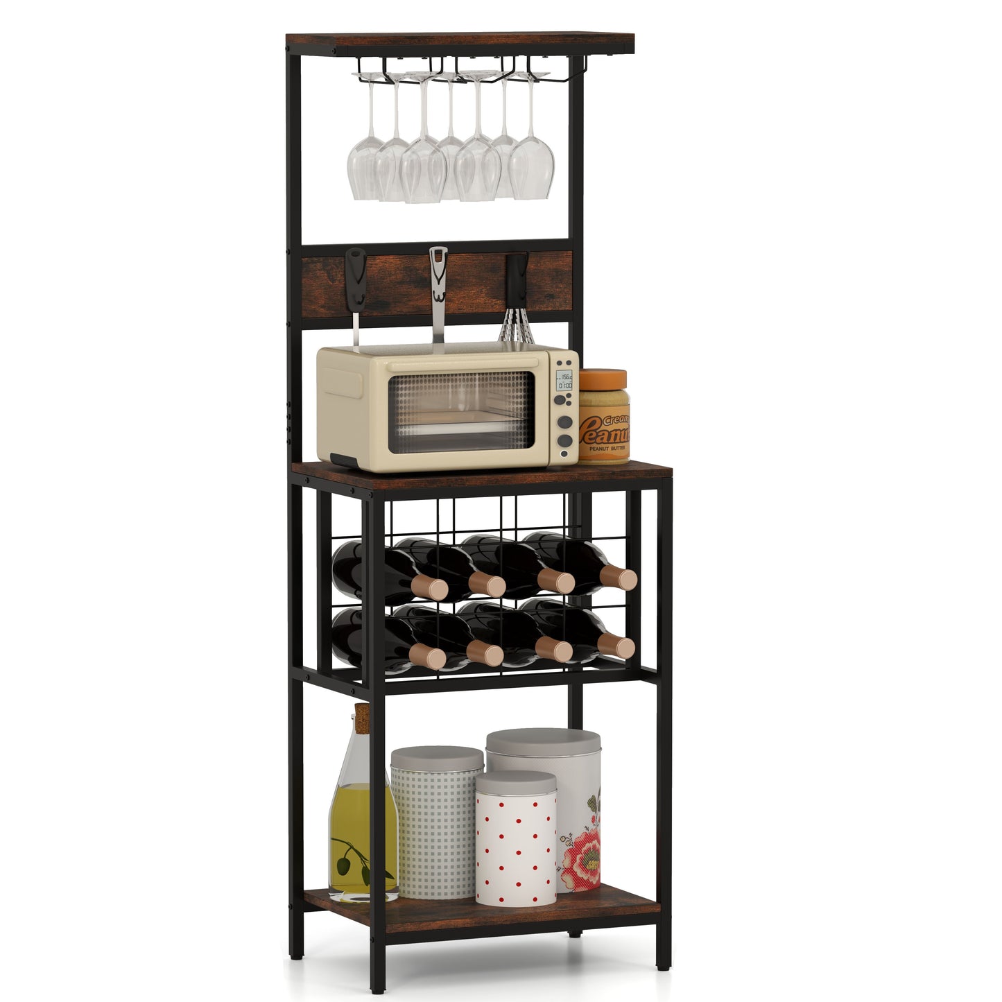 Floor Wine Bar Cabinet with Glass Racks and Wine Bottle Holders-Rustic Brown