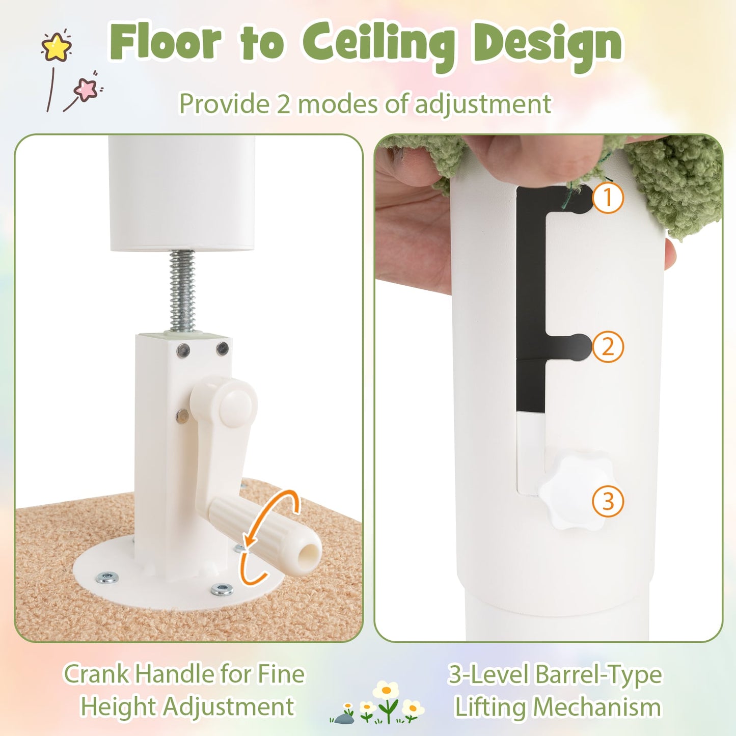 Floor to Ceiling Cat Tree with 218-270 cm Adjustable Height-Green