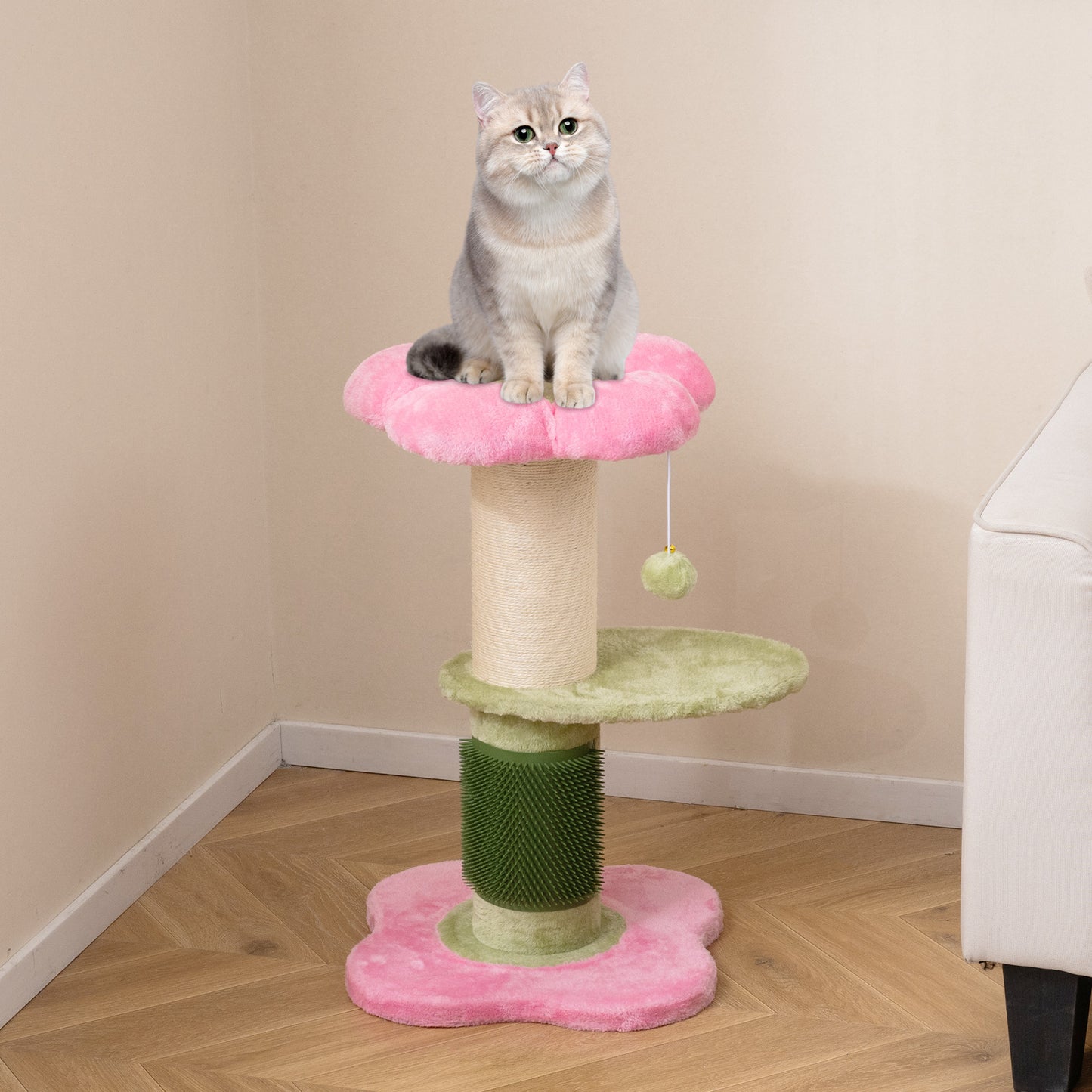 Flower Cat Tree 69 CM Tall Kitten Tower with Hanging Ball-Pink