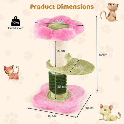 Flower Cat Tree 69 CM Tall Kitten Tower with Hanging Ball-Pink