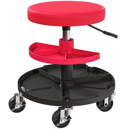 HOMCOM Rolling Mechanic Stool, 135kg Capacity Workshop Stool, 360Â° Swivel Roller Padded Creeper Seat with Wheels, Tool Trays Storage for Garage, Shop, Auto Repair, Red