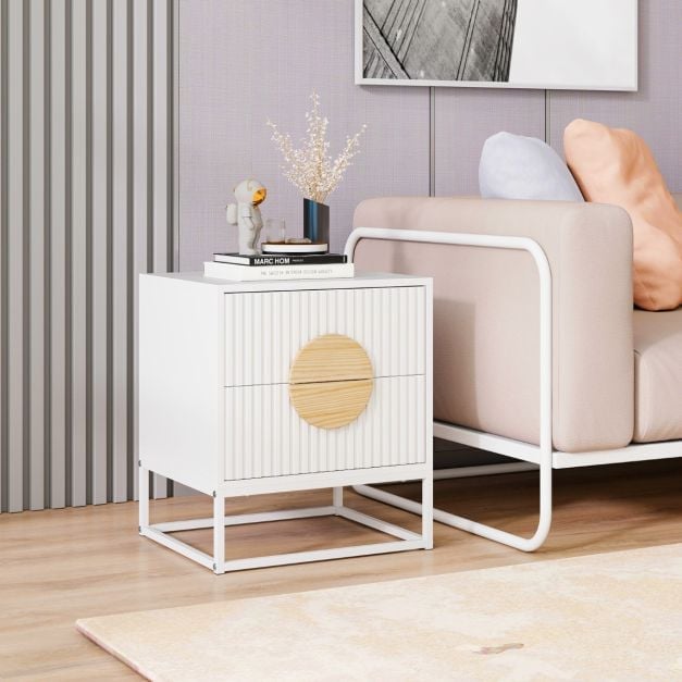 Fluted Nightstand Modern Mid Century Side Table Set of 2-White