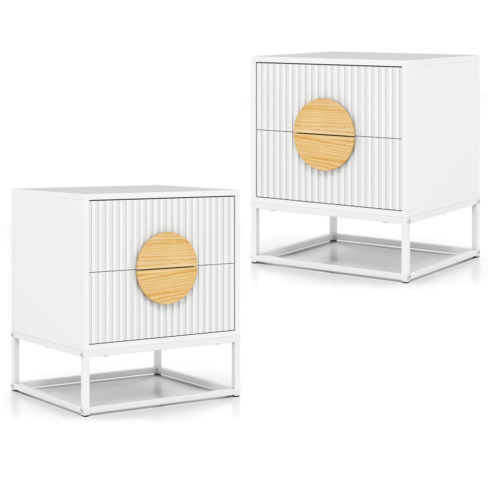 Fluted Nightstand Modern Mid Century Side Table Set of 2-White