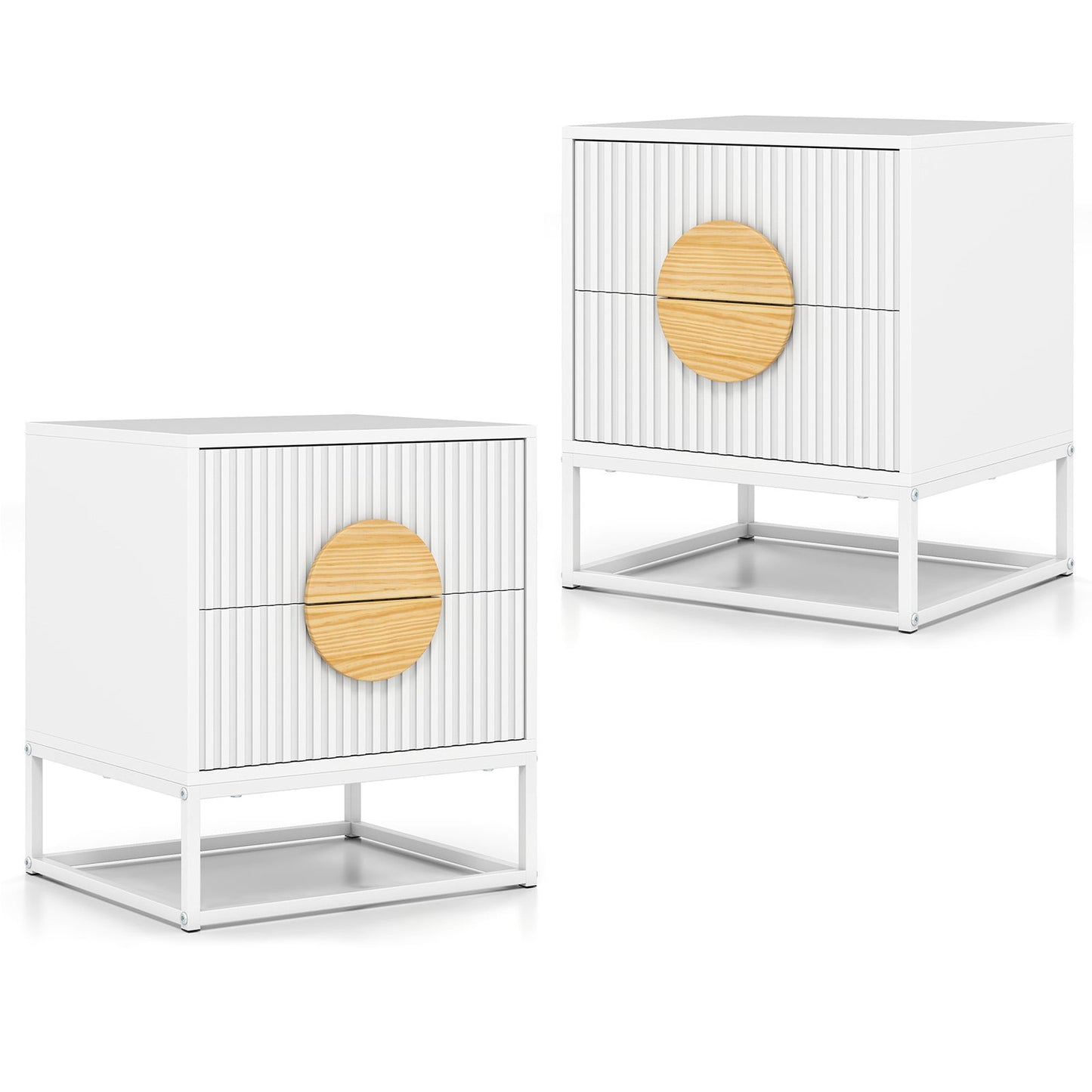 Fluted Nightstand Modern Mid Century Side Table Set of 2-White
