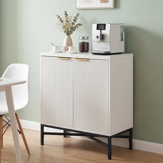 Fluted Sideboard Buffet Cabinet with 2 Doors and Adjustable Shelf-White