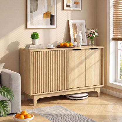 Fluted Sideboard with Adjustable Shelves and Sliding Door for Living Room-Natural