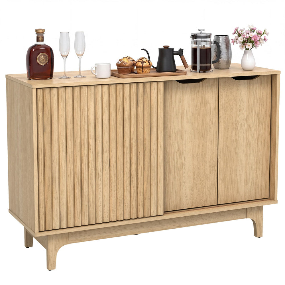 Fluted Sideboard with Adjustable Shelves and Sliding Door for Living Room-Natural